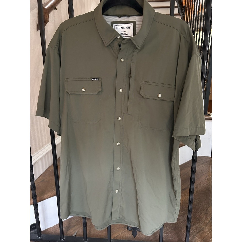 Men's Large Poncho Regular Fit Button Up Shirt Short Sleeve Green